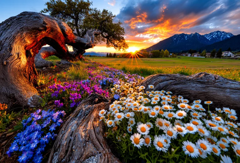 A vibrant meadow bursts with colorful wildflowers in the foreground,