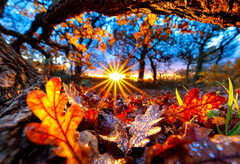 A low-angle shot captures fallen oak leaves on the ground, glistening