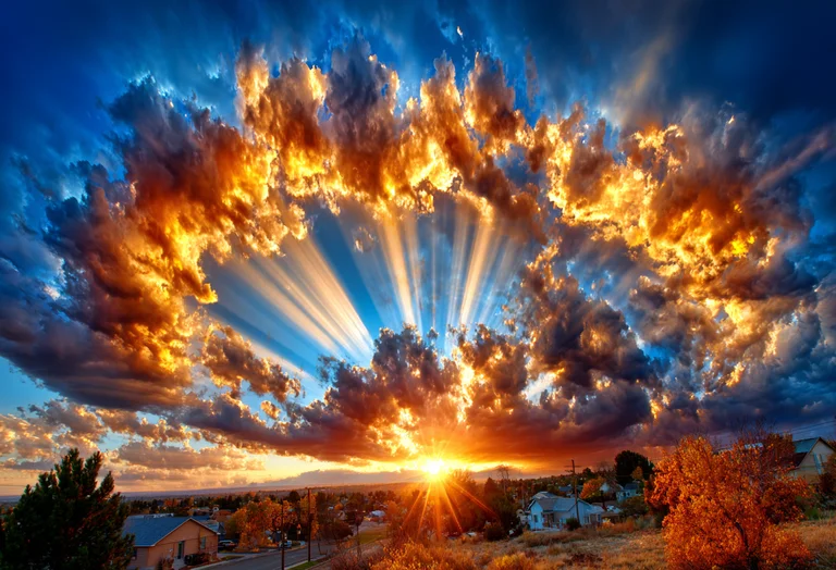 A dramatic sunset paints the sky with vibrant oranges and yellows,