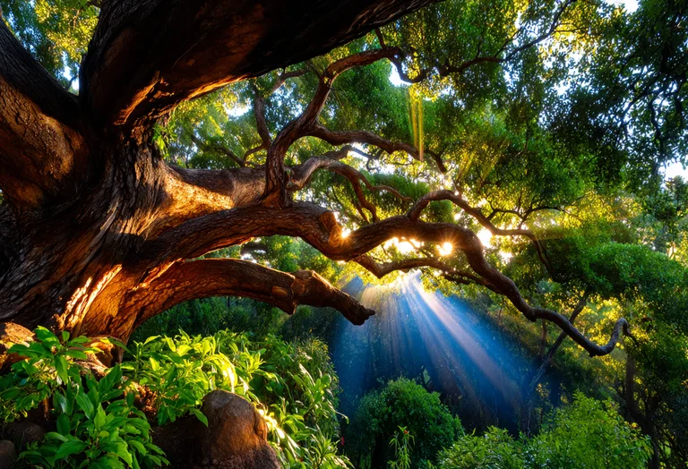 A majestic, ancient tree with gnarled branches dominates the
