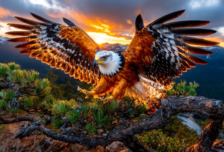 A majestic eagle with its wings spread wide perches on a gnarled tree