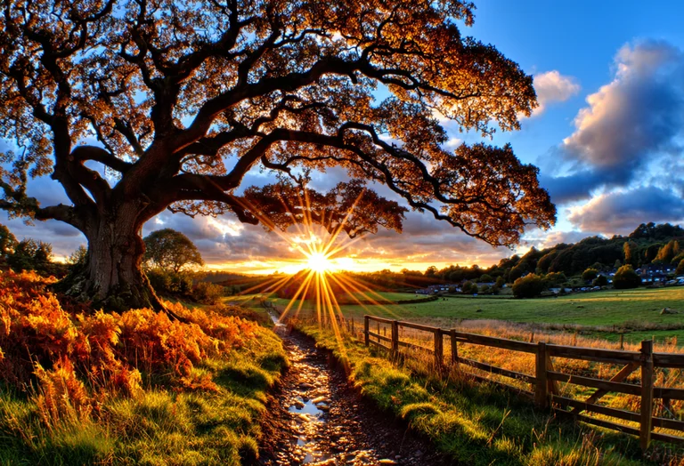 A majestic, ancient oak tree dominates the left side of the frame,