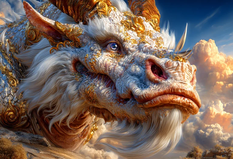 A majestic, ancient dragon with intricate golden armor adorns its