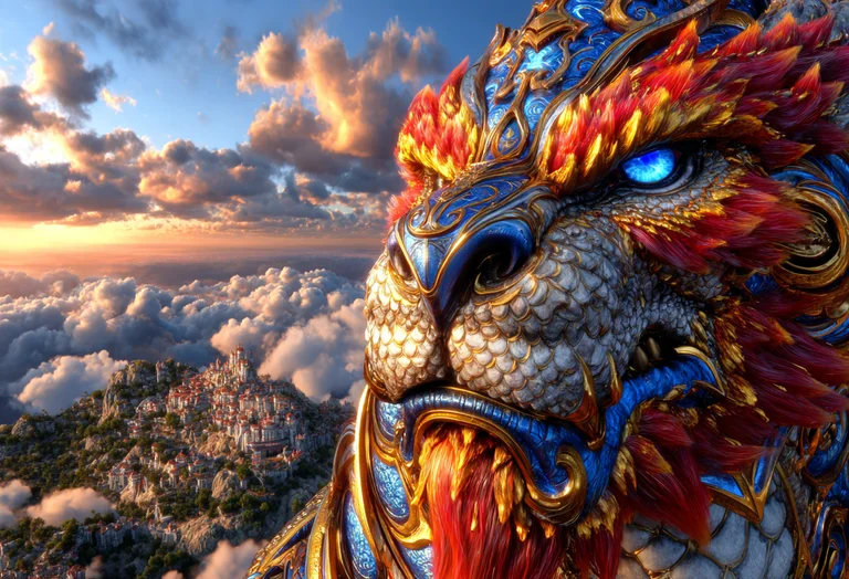 A majestic, dragon-like creature with intricate blue and gold armor