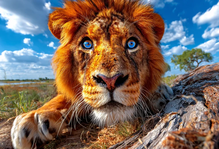 A close-up, low-angle shot of a majestic lion with striking blue eyes