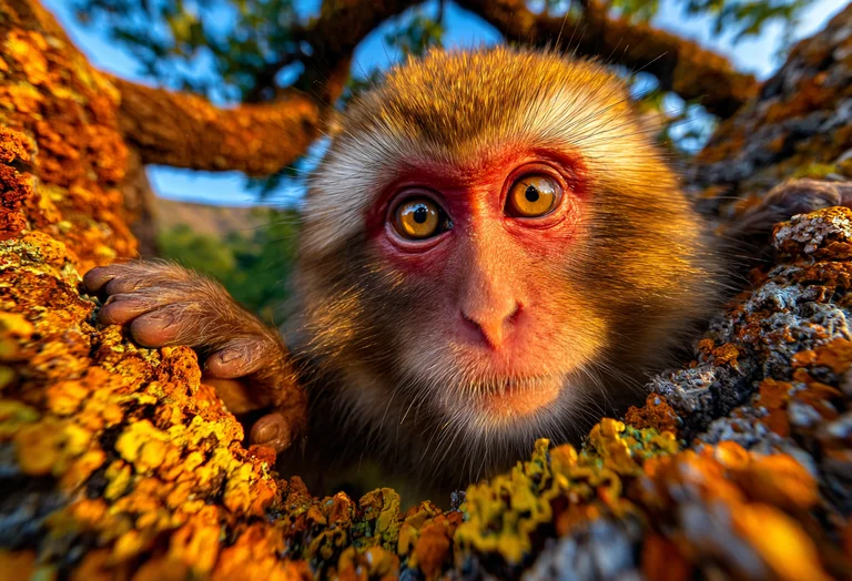 A close-up, low-angle shot captures a Japanese macaque peeking out
