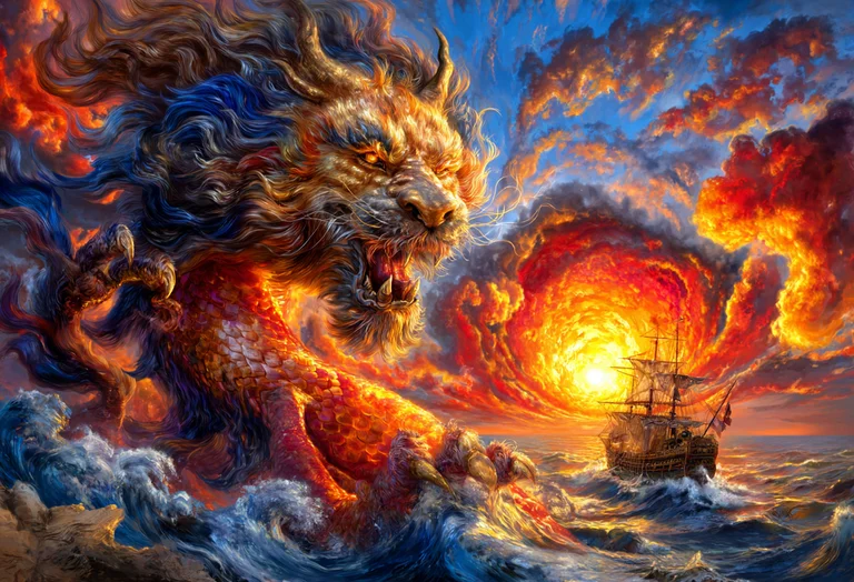 A majestic and fearsome dragon emerges from fiery clouds over a