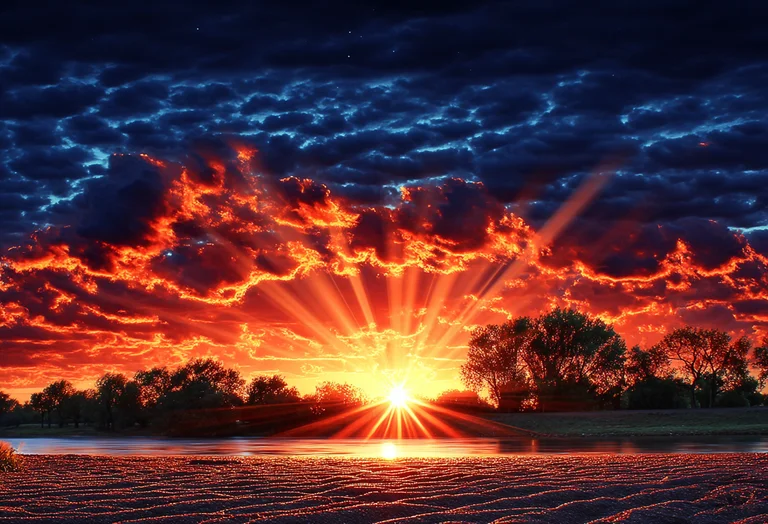 A dramatic sunset paints the sky with fiery oranges and reds,