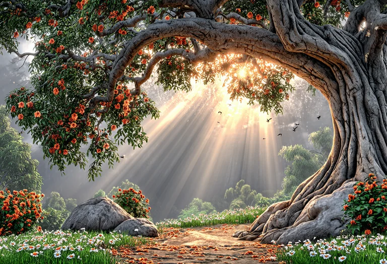 A majestic, ancient tree with vibrant orange blossoms dominates the