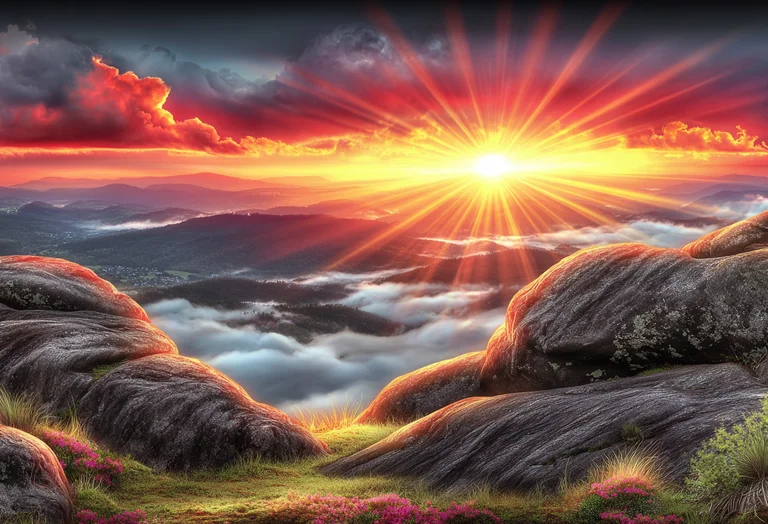 A breathtaking sunrise or sunset illuminates a mountainous landscape