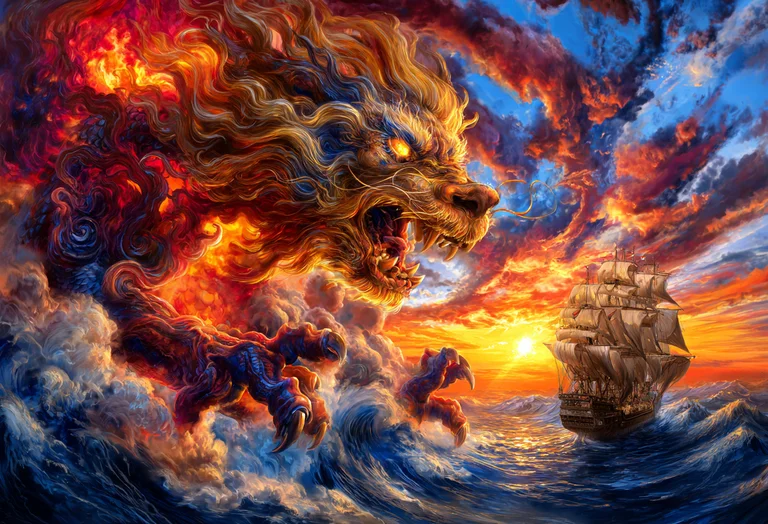 A ferocious, fire-breathing dragon emerges from fiery clouds, its