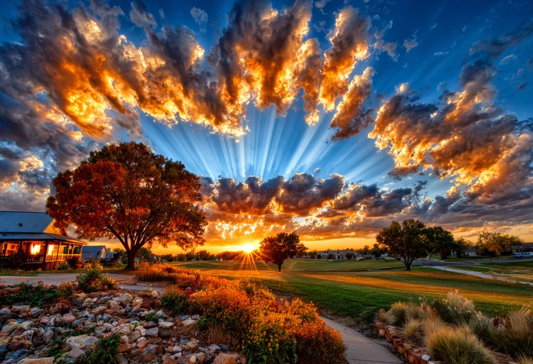 A dramatic sunset paints the sky with vibrant oranges and yellows,