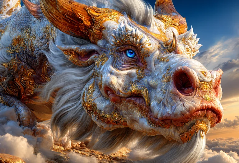A majestic, ornate dragon with a white and gold scaled body and
