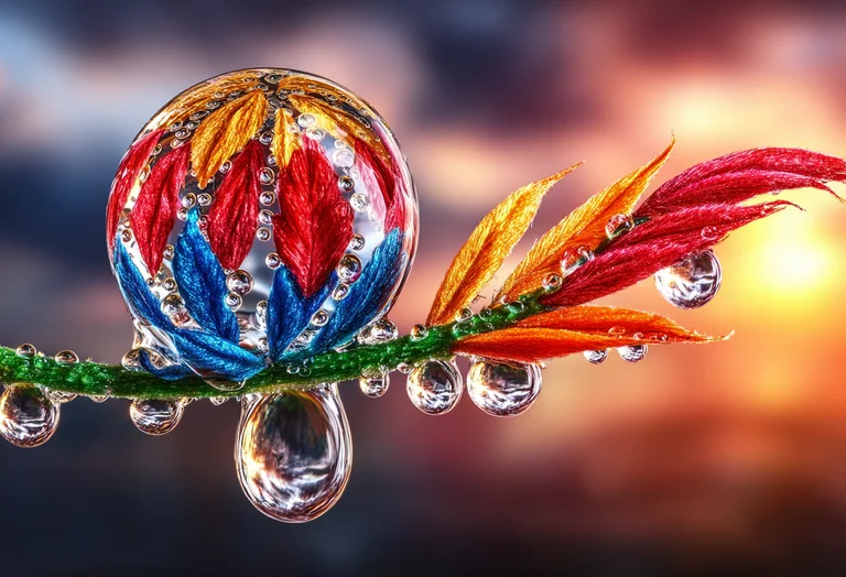A macro photograph captures a dewdrop on a plant stem, reflecting a