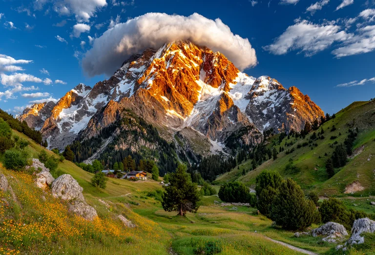 A majestic mountain peak, bathed in the warm glow of sunset,