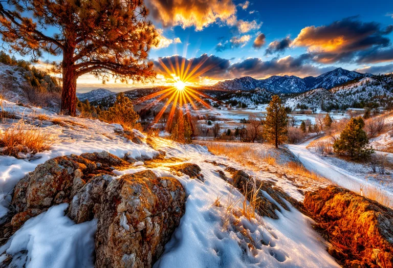 A breathtaking winter landscape bathed in the warm glow of a setting