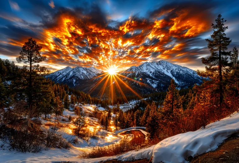 A dramatic sunset paints the sky with fiery oranges and reds over