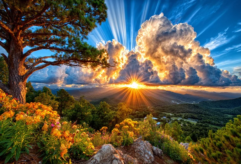 A breathtaking sunset viewed from a mountain peak, with dramatic sun