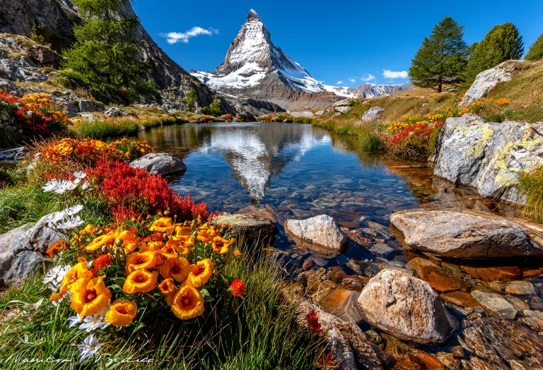 A stunning alpine lake reflects the iconic Matterhorn mountain under