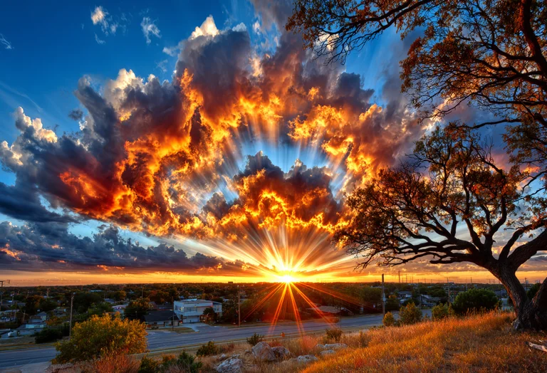 A dramatic sunset paints the sky with fiery clouds and brilliant sun