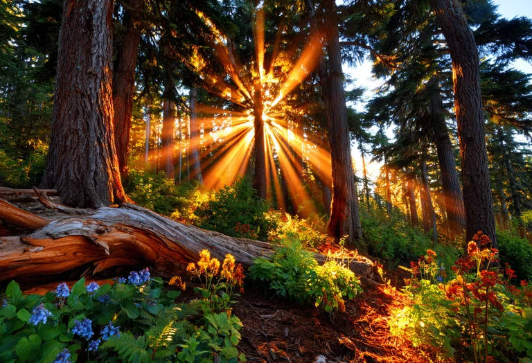 Sunbeams pierce through the dense canopy of a forest, illuminating