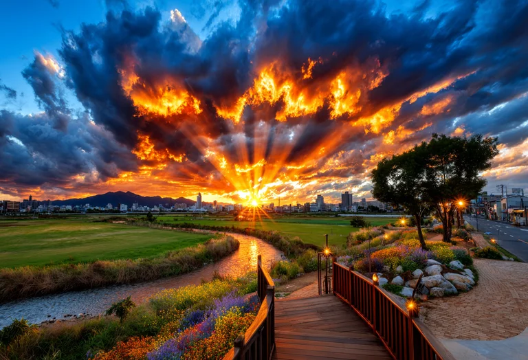 A dramatic sunset paints the sky with fiery oranges and yellows,