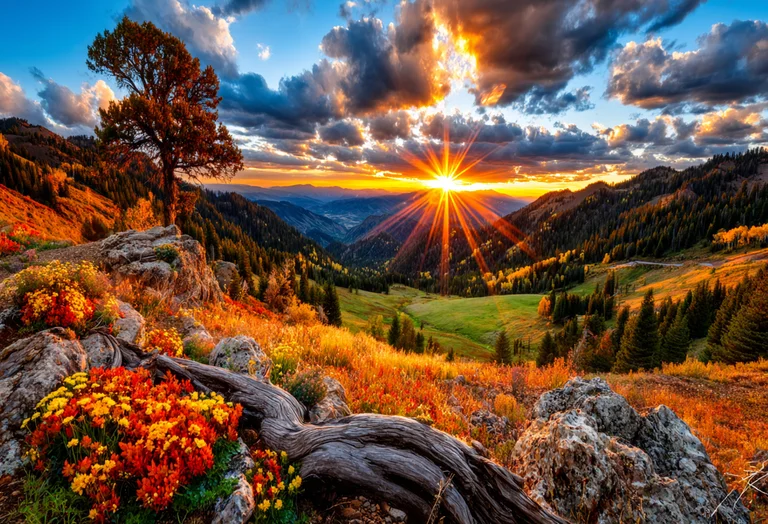 A breathtaking mountain valley is bathed in the warm, golden light of