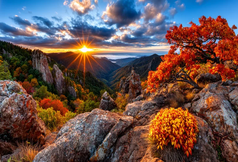 A breathtaking mountain vista at sunrise, with the sun's rays