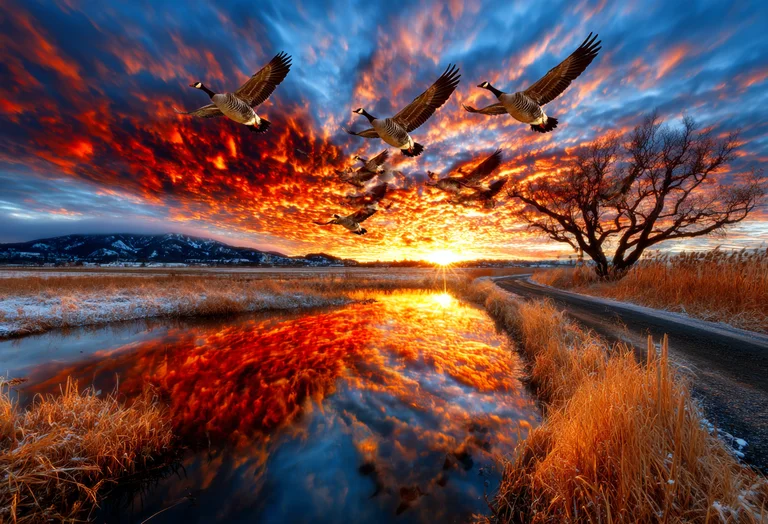 A flock of Canada geese flies across a dramatic sky filled with fiery