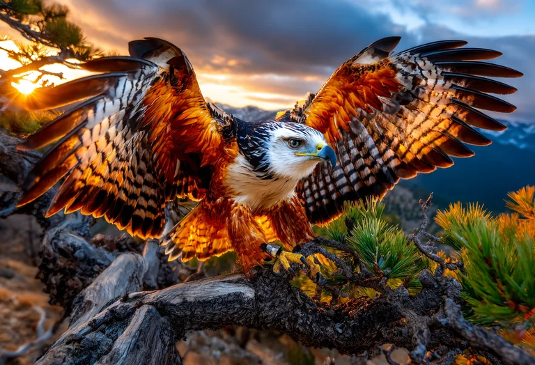 A majestic eagle with outstretched wings perches on a gnarled tree