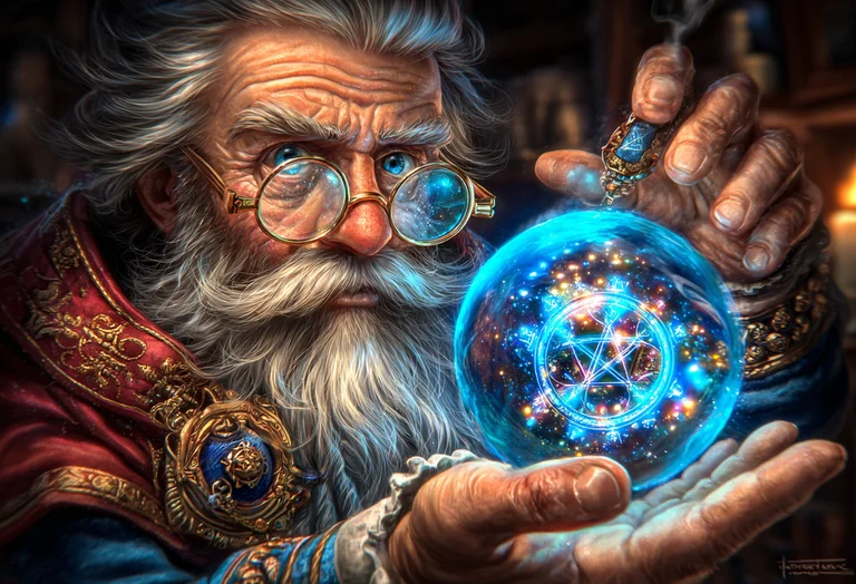 A wise old wizard with a long white beard and spectacles peers