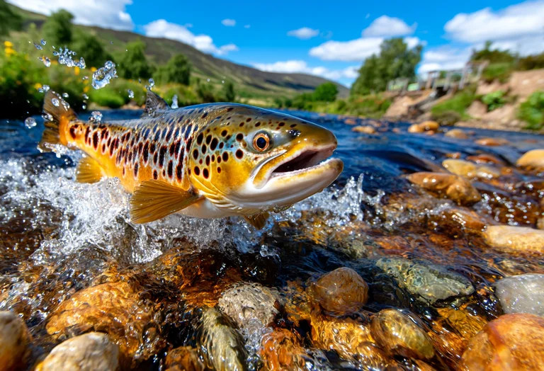 A brown trout leaps out of a clear, rocky stream, its body glistening