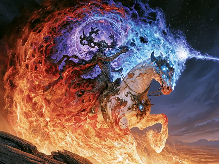 A skeletal, horned figure rides a white horse engulfed in flames and