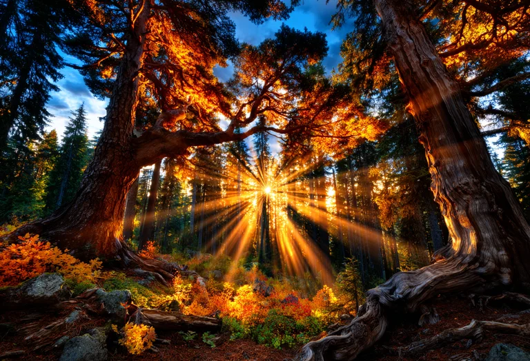 A majestic forest scene bathed in the warm glow of the setting sun