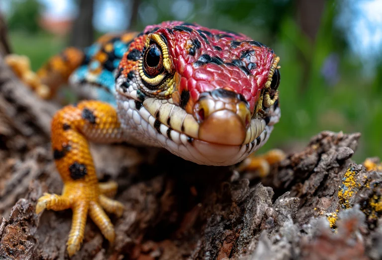 A close-up, macro shot of a vibrantly colored lizard perched on a