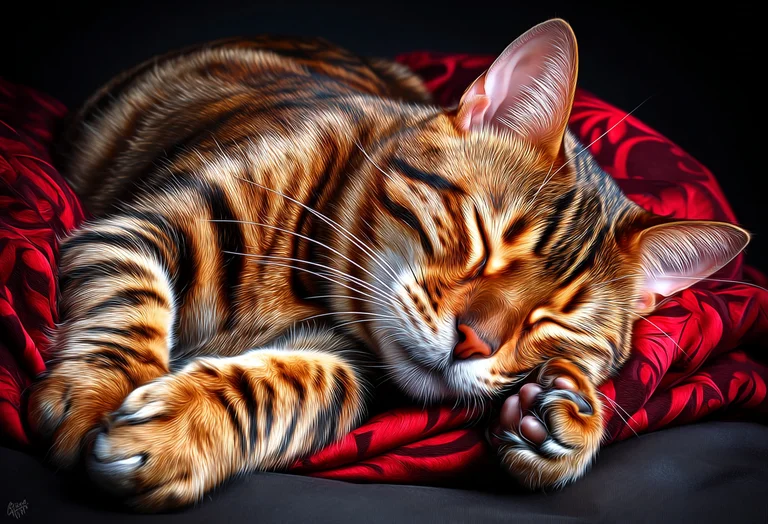A close-up, photorealistic image captures a Bengal cat sleeping