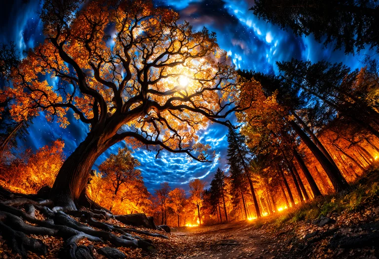 A majestic, ancient tree with sprawling branches dominates the