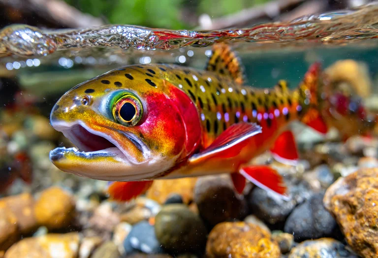 A vibrant rainbow trout swims just below the surface of a clear stream