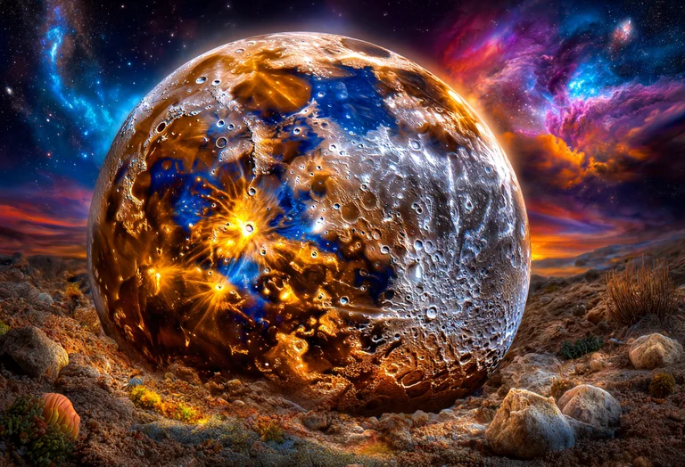 A colossal, cratered planet dominates the foreground, its surface a