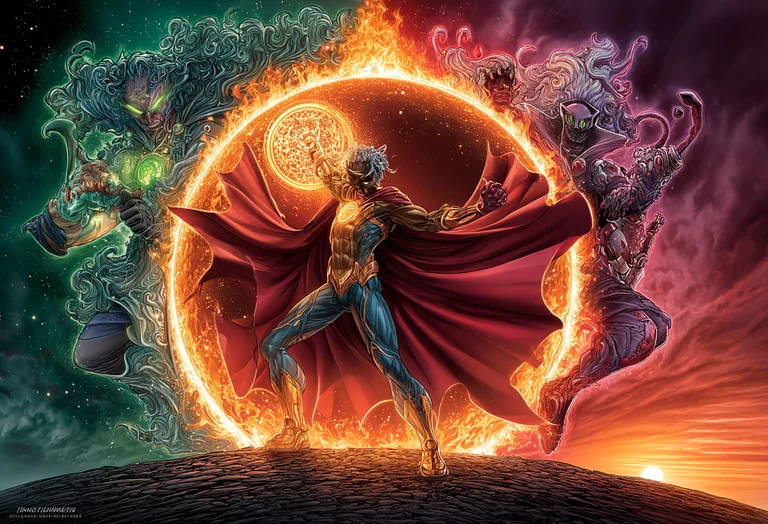 A powerful superhero stands center, bathed in the light of a fiery sun