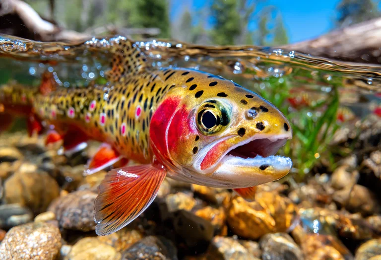 A vibrant cutthroat trout swims in a clear, shallow stream, its