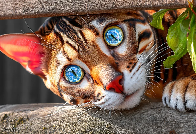 A close-up, photorealistic portrait of a Bengal cat peeking through a