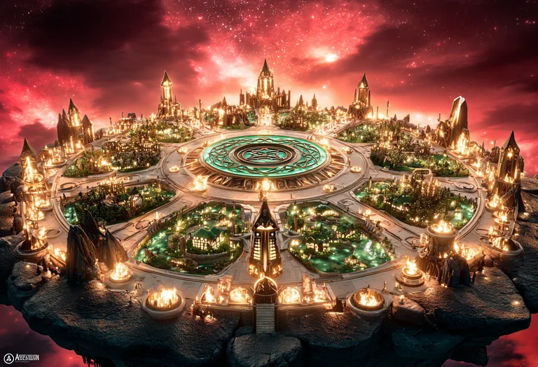 A breathtaking, ornate city floats on a rocky island in a vibrant,