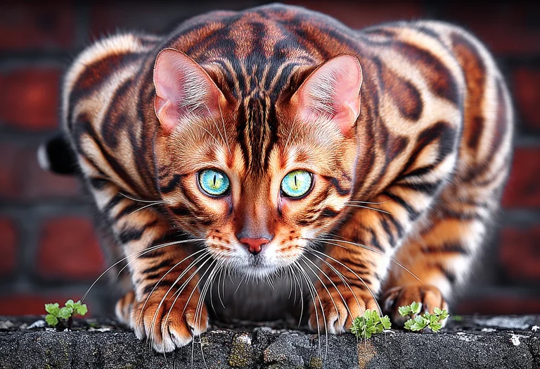 A Bengal cat with striking blue-green eyes crouches low on a textured