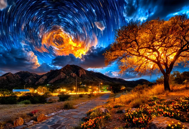 A dramatic night sky with swirling star trails above a mountainous