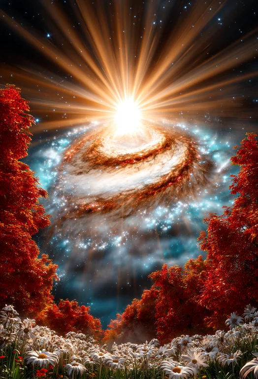 A breathtaking cosmic vista unfolds, framed by vibrant autumn foliage