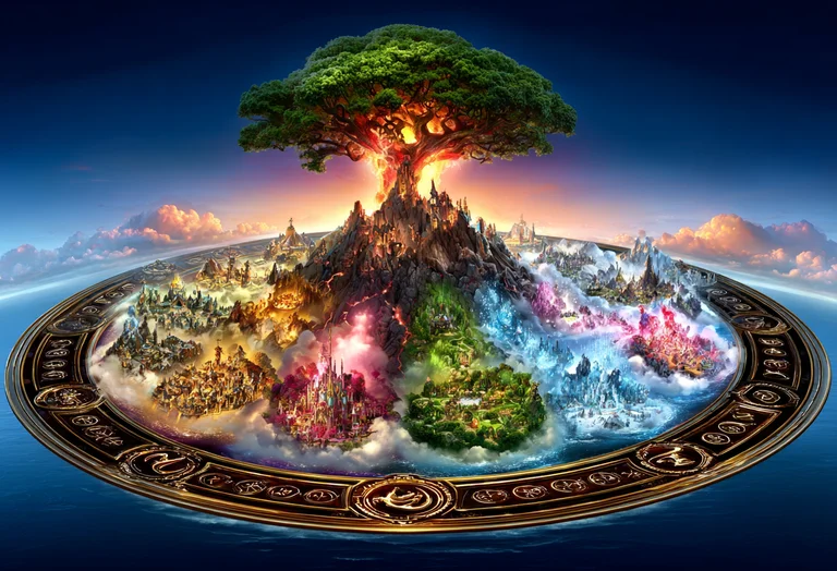 A fantastical depiction of Yggdrasil, the World Tree, at the center