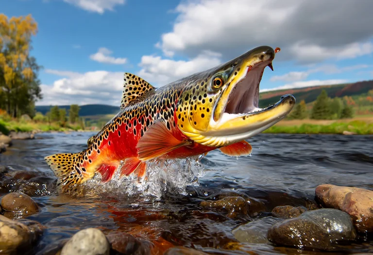 A large brown trout leaps out of a clear river, its mouth wide open