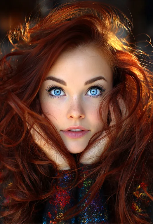 A close-up portrait of a young woman with striking blue eyes and