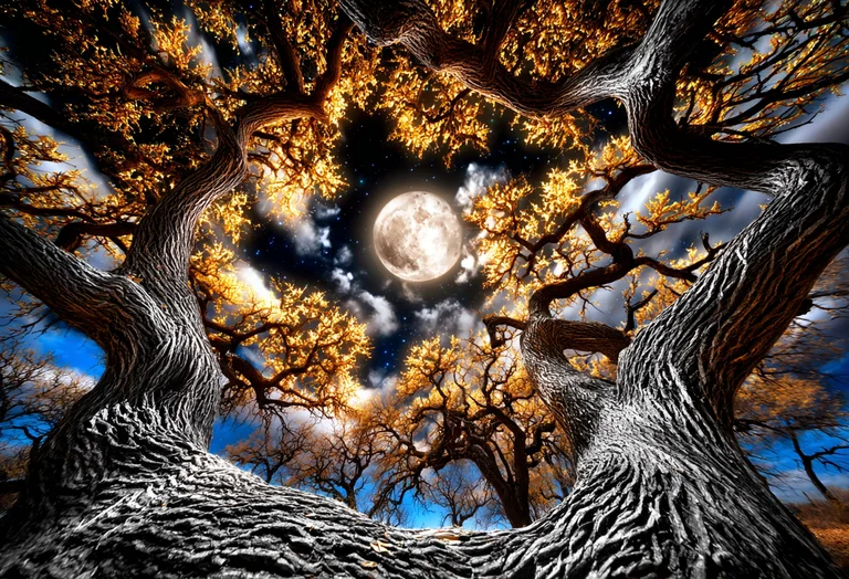 A dramatic low-angle shot looking up through the gnarled branches of